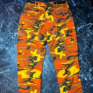 Orange style camouflage cargo pants, tie at the bottom